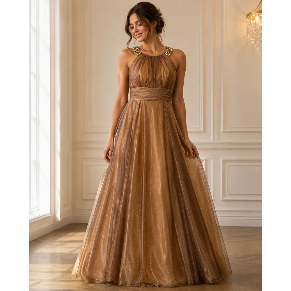 Cachet Gold Metallic Beaded Neckline Formal Evening Gown Dress Size 12 Wedding
